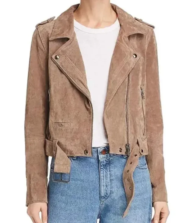 Ted Lasso Keeley Brown Suede Leather Biker Jacket webp