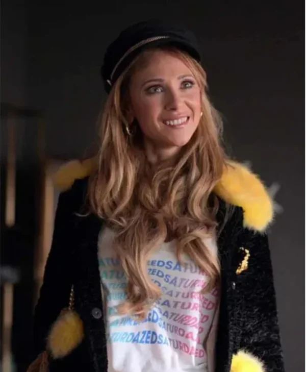 Ted Lasso S3 Juno Temple Black and Yellow Fur Jacket webp