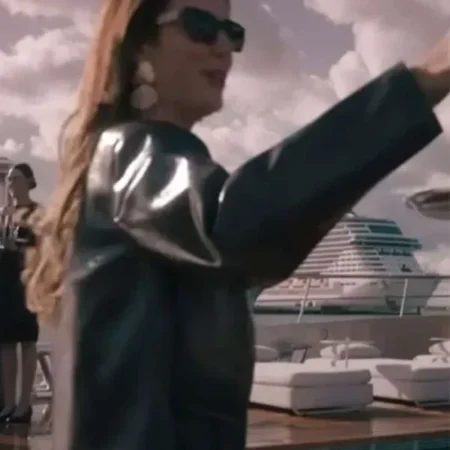 The Woman in Cabin 10 Kaya Scodelario Black Leather Jacket Side