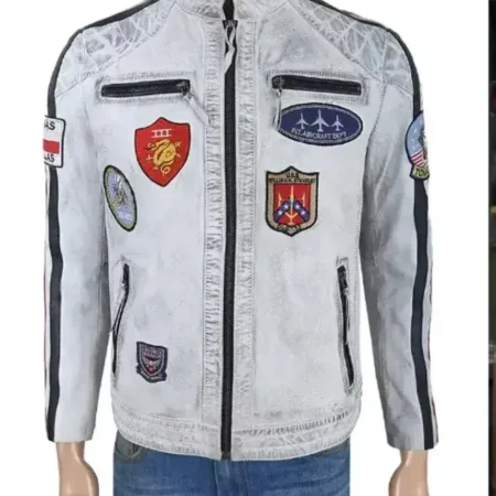 Top Gun Aircraft Dept Sea Bees Distressed White Leather Jacket
