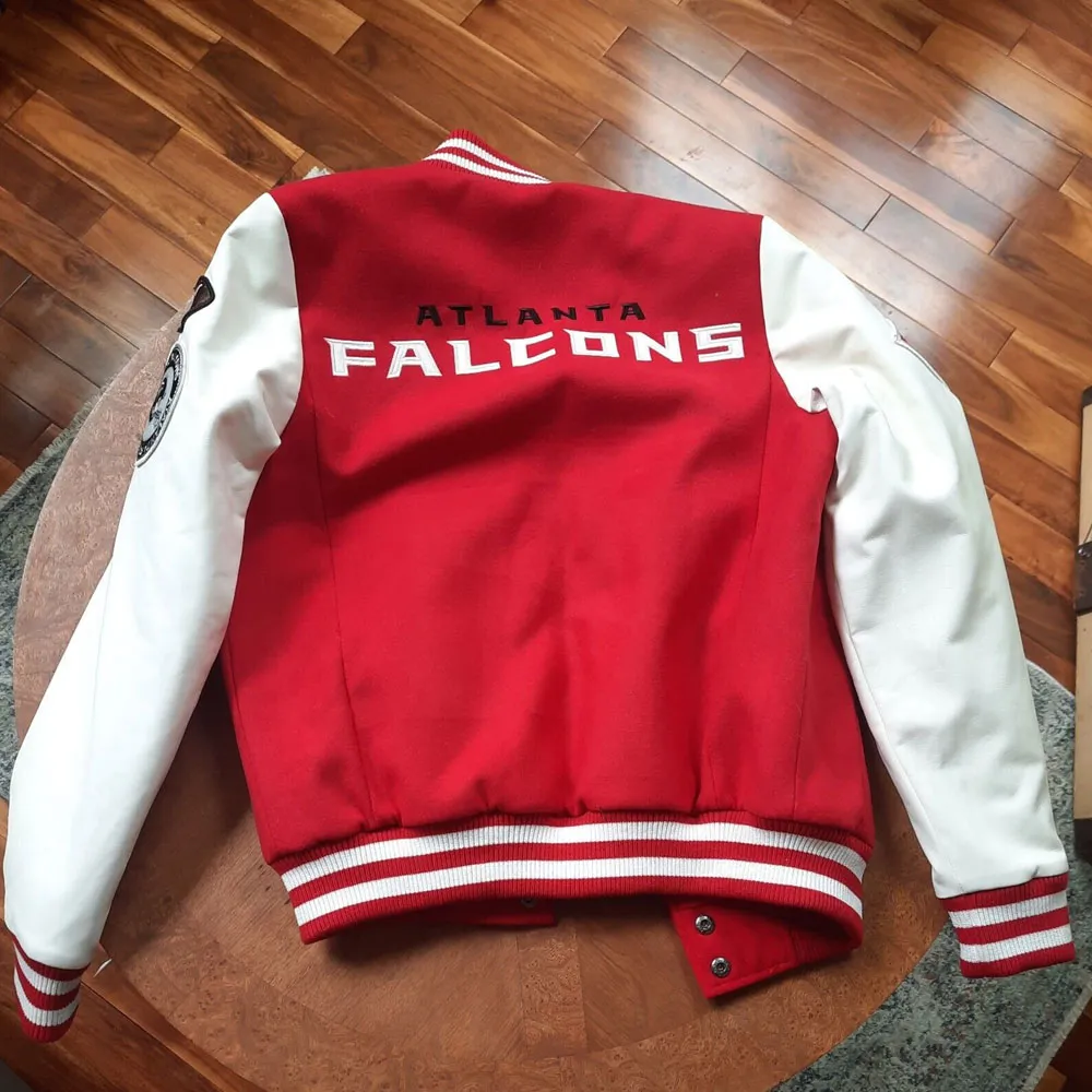 Varsity Atlanta Falcons White and Red Jacket back webp