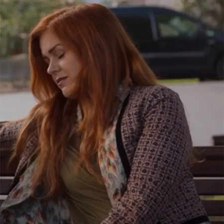 Wolf Like Me Isla Fisher Brown and Black Tweed Jacket left webp