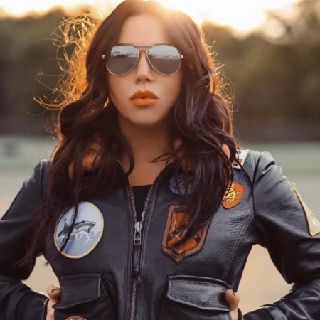 Womens Top Gun Flight Bomber Black Leather Sherpa Jacket