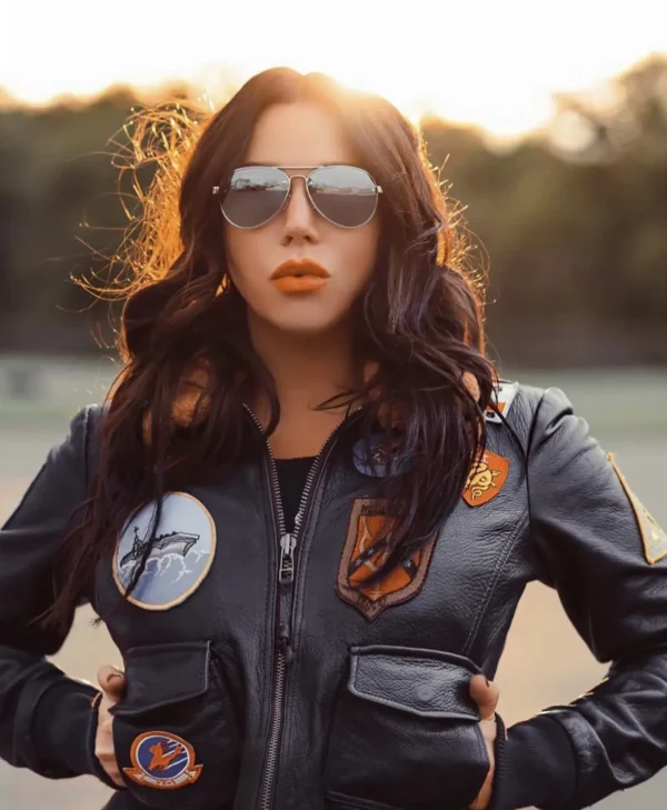 Womens Top Gun Flight Bomber Black Leather Sherpa Jacket