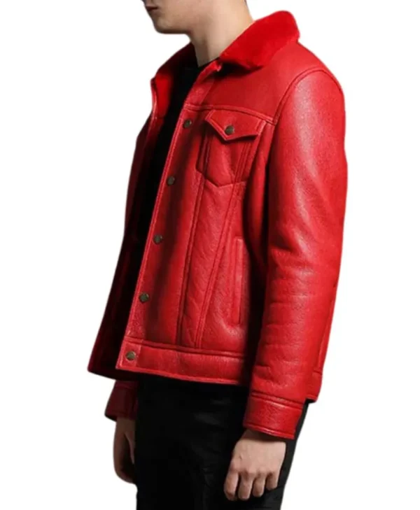 mens trucker red leather jacket