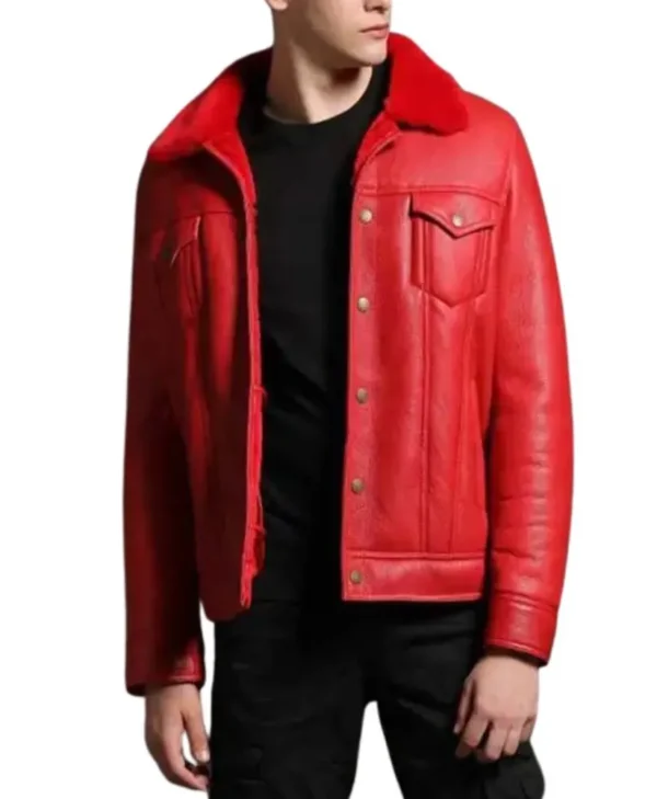 mens trucker red leather shearling jacket