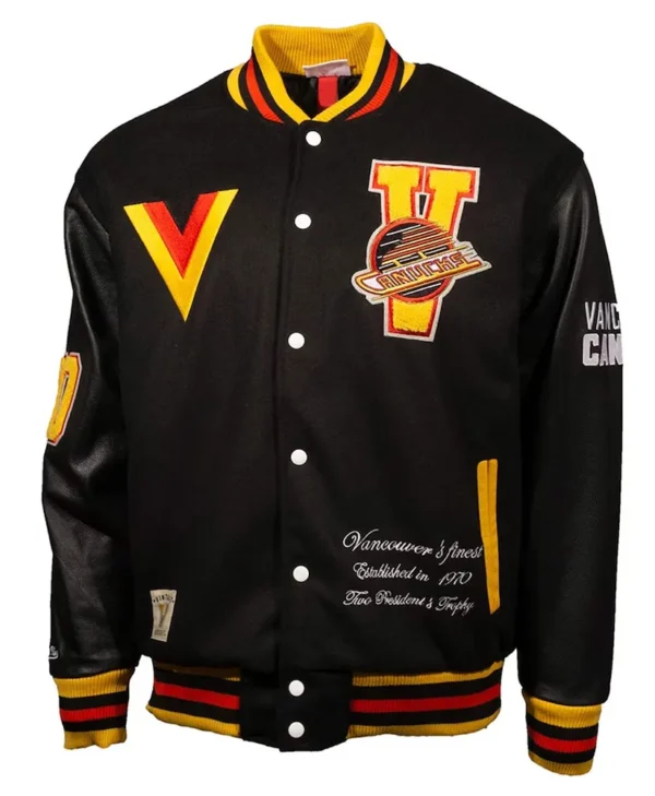 vancouver canucks black varsity jacket