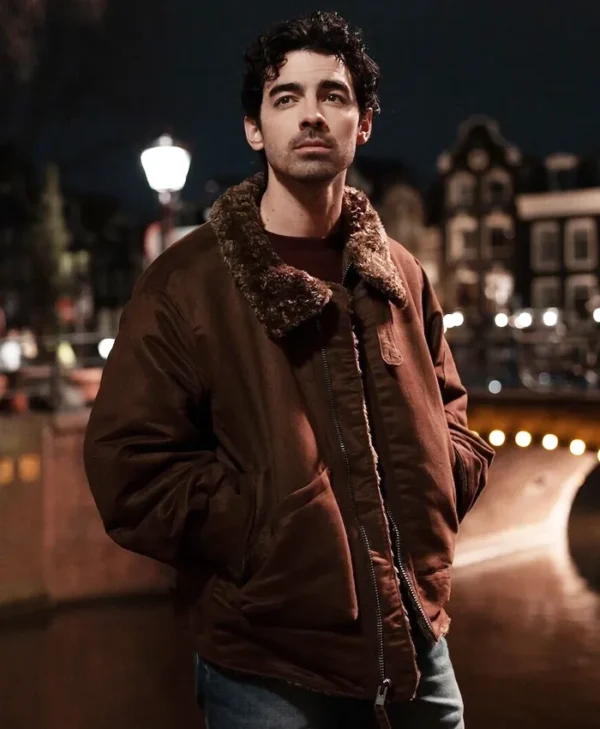 A Very Jonas Christmas Movie Joe Jonas Brown Shearling Jacket