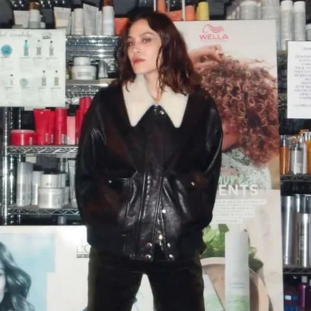 Alexa Chung Media Personality Shearling Black Bomber Leather Jacket