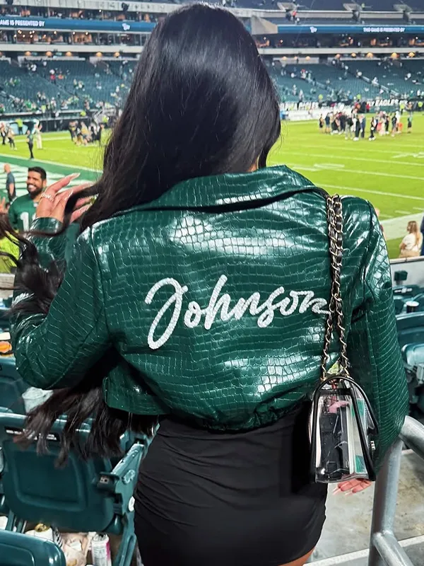 Alyssa-Okada-Philadelphia-Eagles-Johnson-74-Green-Cropped-Leather-Jacket-For-Sale Alyssa Okada Philadelphia Eagles Johnson 74 Leather Jacket