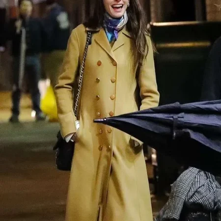 Anne Hathaway Flashes Smile NYC Brown Coat
