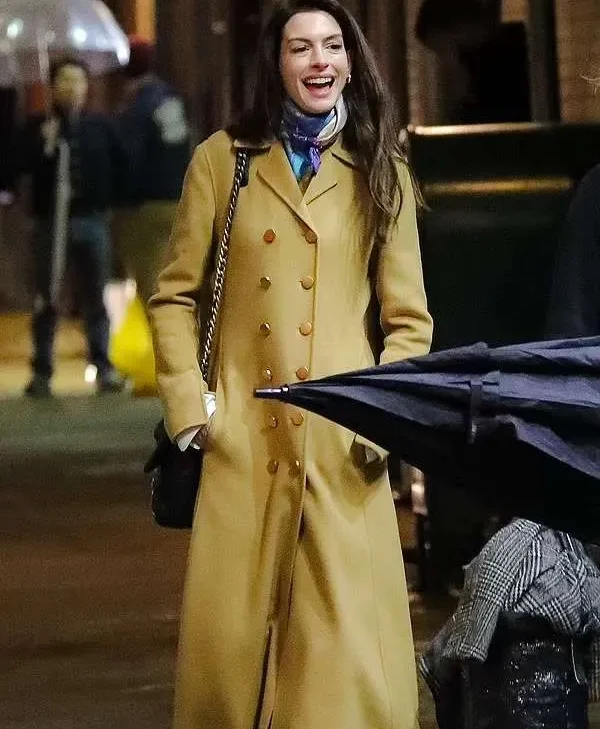 Anne Hathaway Flashes Smile NYC Brown Coat