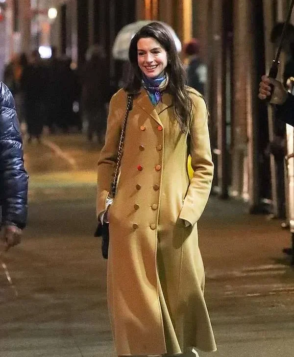 Anne Hathaway Flashes Smile NYC Brown Trench Coat