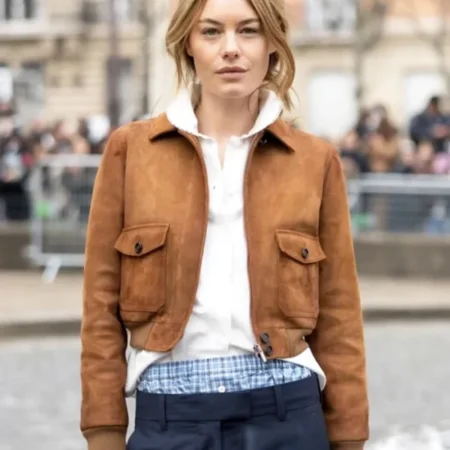 Camille Rowe Paris Fashion Brown Bomber Leather Jacket