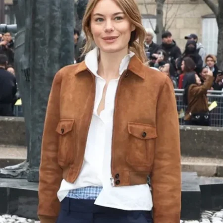 Camille Rowe Paris Fashion Brown Bomber Leather Jacket Front