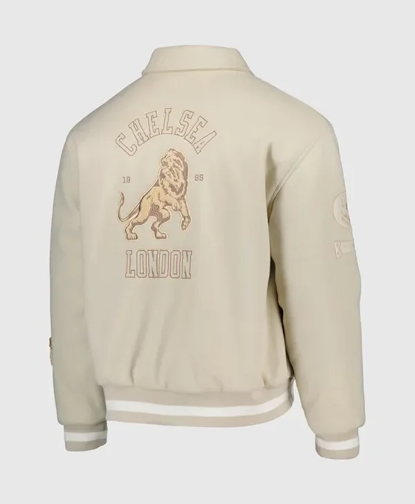 Chelsea F C 2025 Melton Badge Cream Varsity Jacket