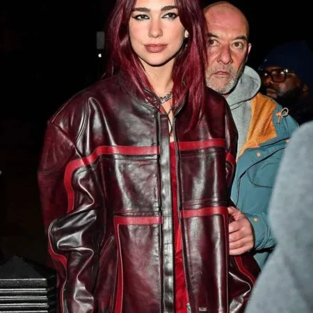 Dua Lipa BRIT Awards 2024 Maroon Leather Jacket