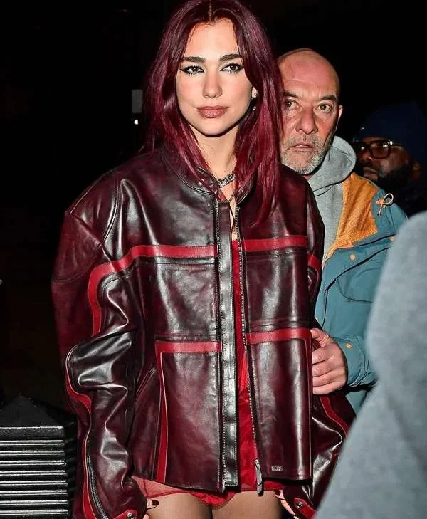 Dua Lipa BRIT Awards 2024 Maroon Leather Jacket