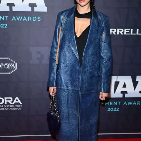 Dua Lipa Blue Leather Trench Coat