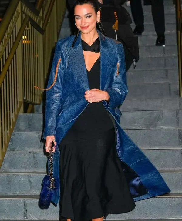 Dua Lipa Blue Leather Trench Coat Back
