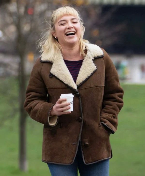 Florence Pugh We Live in Time 2025 Brown Shearling Jacket