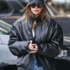 Hailey Bieber Black Bomber Leather Jacket