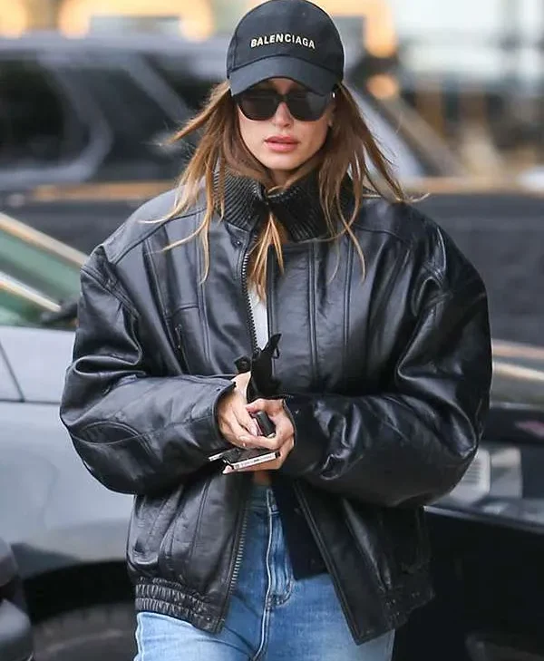 Hailey Bieber Black Bomber Leather Jacket