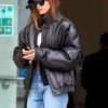 Hailey Bieber Black Bomber Leather Jacket For Sale