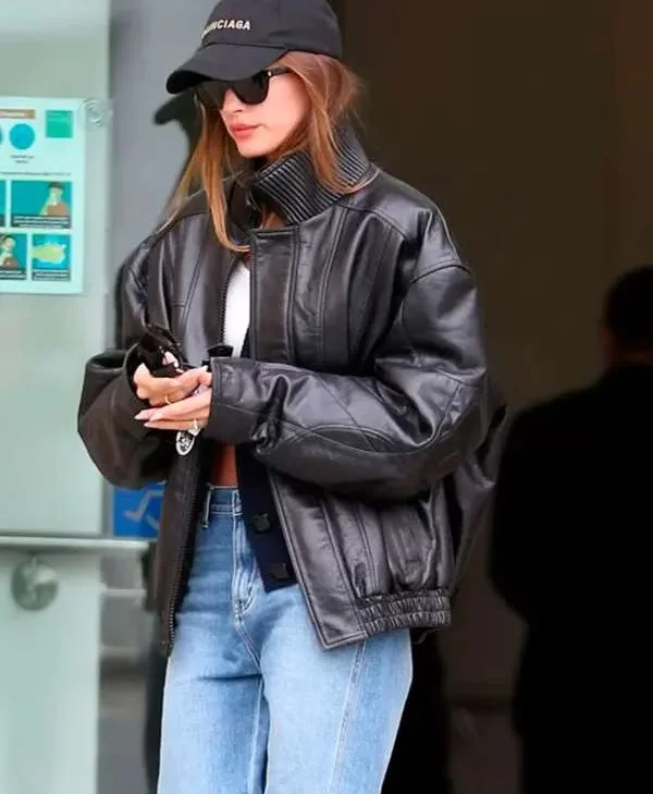 Hailey Bieber Black Bomber Leather Jacket For Sale