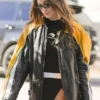 Hailey Bieber Black and Yellow Leather Jacket