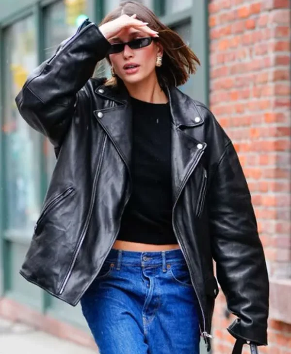 Hailey Bieber NYC 2023 Black Leather Jacket