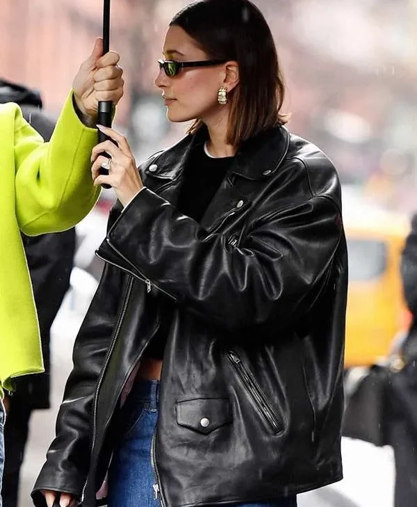 Hailey Bieber NYC 2023 Black Leather Jacket For Sale