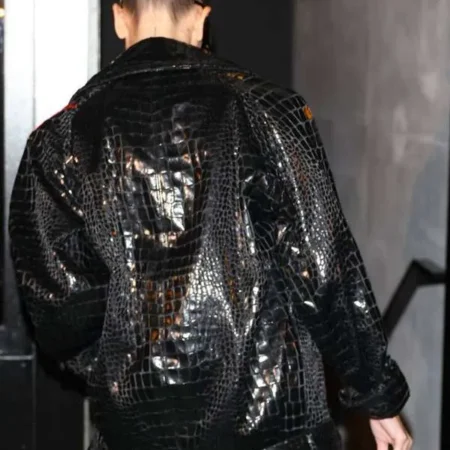 Hailey Bieber Paris Fashion Week Black Leather Jacket Back