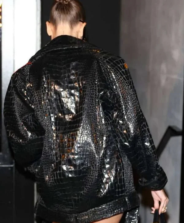 Hailey Bieber Paris Fashion Week Black Leather Jacket Back