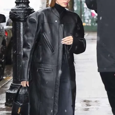 Hailey Bieber Street Style 2023 Black Leather Coat