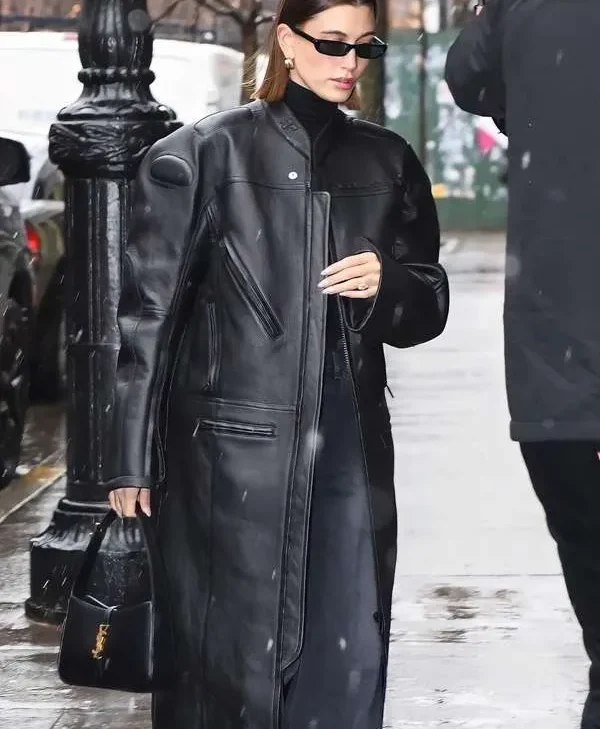 Hailey Bieber Street Style 2023 Black Leather Coat