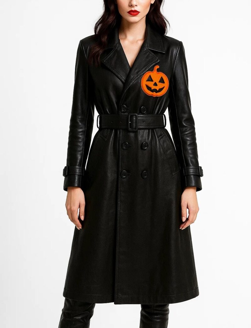 Halloween Pumpkin Style Black Trench Coat Handmade Unisex Genuine Leather Black Long Coat