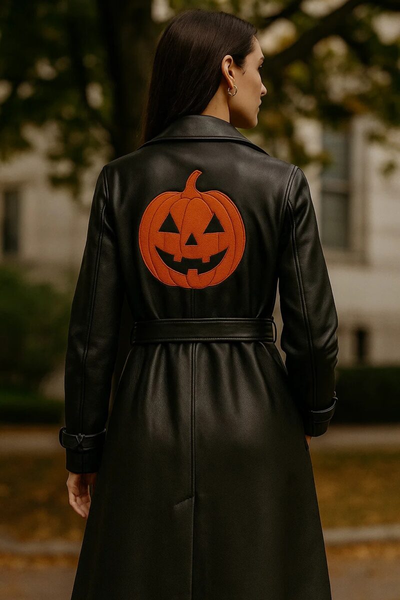 Halloween Pumpkin Style Black Trench Coat Handmade Unisex Genuine Leather Black Long Coat back 2