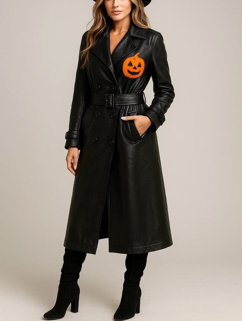 Halloween Pumpkin Style Black Trench Coat Handmade Unisex Genuine Leather Black Long Coat front