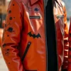 Haunted Castle Design Halloween Orange Bomber Leather Jacket