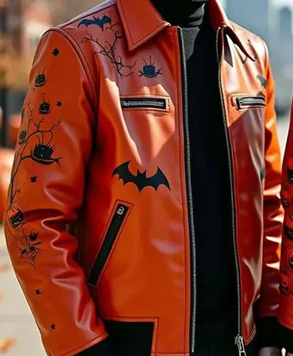 Haunted Castle Design Halloween Orange Bomber Leather Jacket