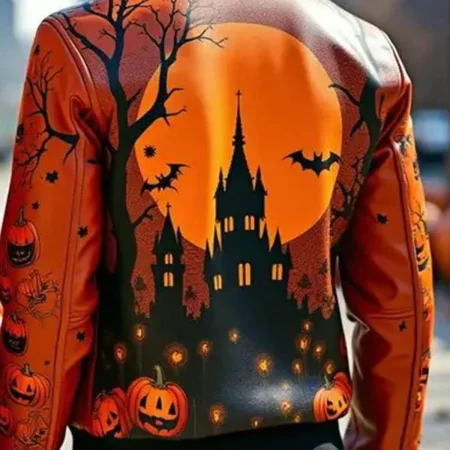 Haunted Castle Design Orange Leather Jacket For Halloween