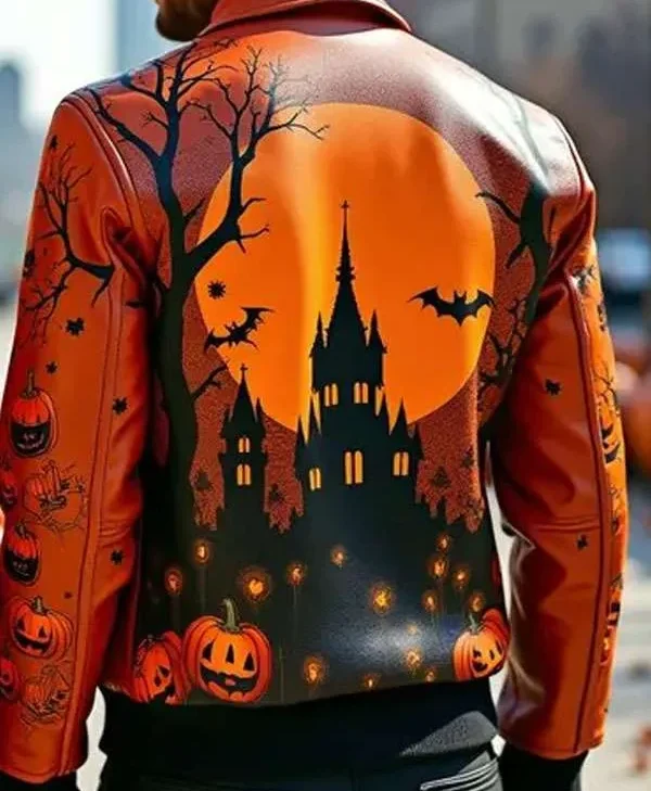 Haunted Castle Design Orange Leather Jacket For Halloween