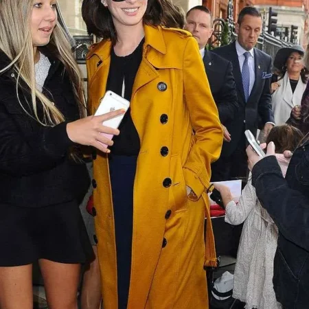 London Street Style Anne Hathaway Mustard Suede Coat