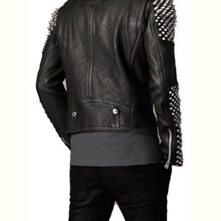 Mens Black Black Spikes Studded Biker Leather Jacket