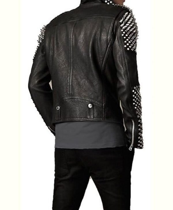 Mens Black Black Spikes Studded Biker Leather Jacket