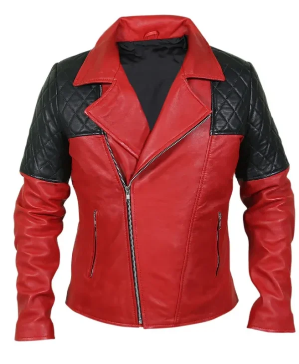 Men’s Black Diamond Quilted Shoulders Red Leather Jacket