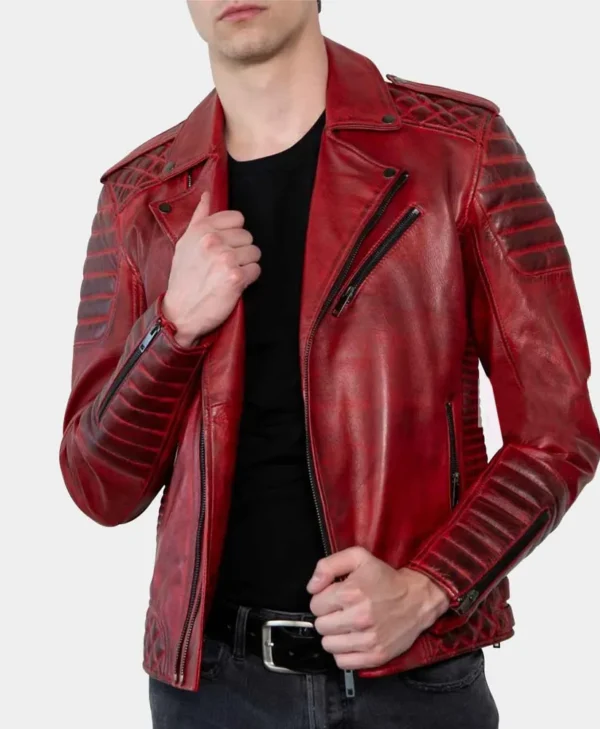 Men’s Red Padded Leather Biker Jacket