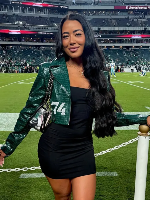 Philadelphia-Eagles-Johnson-74-Green-Cropped-Leather-Jacket Alyssa Okada Philadelphia Eagles Johnson 74 Leather Jacket