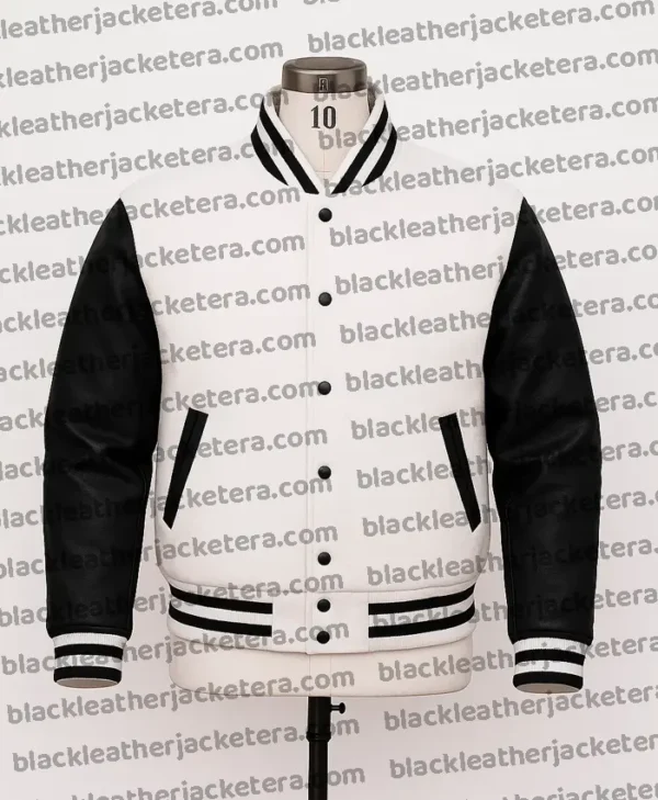 Retro White Varsity Jacket with Black Leather Sleeves